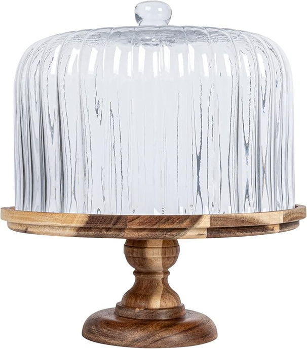 Wood Cake Stand with Glass Dome