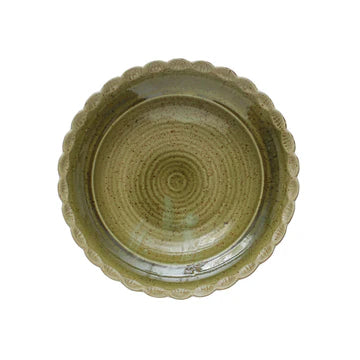 Stoneware Green Bowl w/ Scalloped Edge